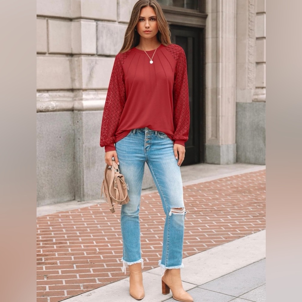 Elegant Red Lace Sleeve Top Large - Picture 5 of 6